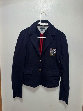 Tommy Hilfiger Navy Blazer with Crest and Red Stripe Detail